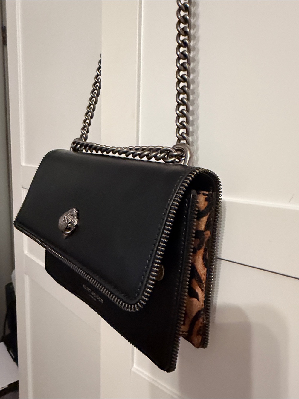 Kurt Geiger Black Leather Shoulder Bag with Silver Chain